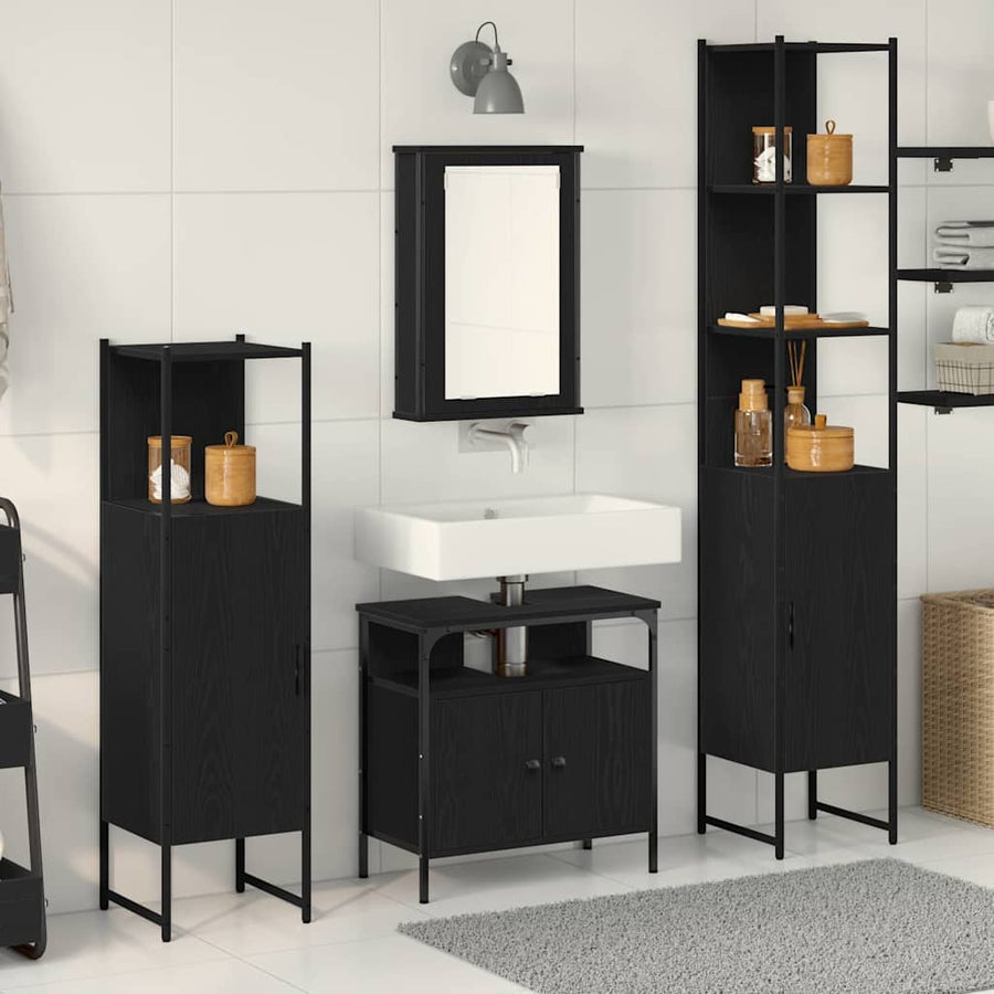 Badkamermeubelset met plank 4 pcs Zwart eiken Bewerkt hout