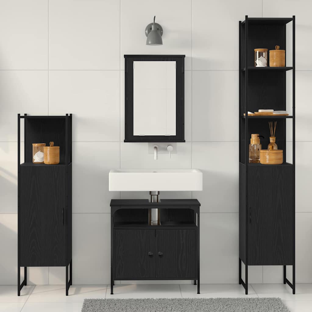 Badkamermeubelset met plank 4 pcs Zwart eiken Bewerkt hout