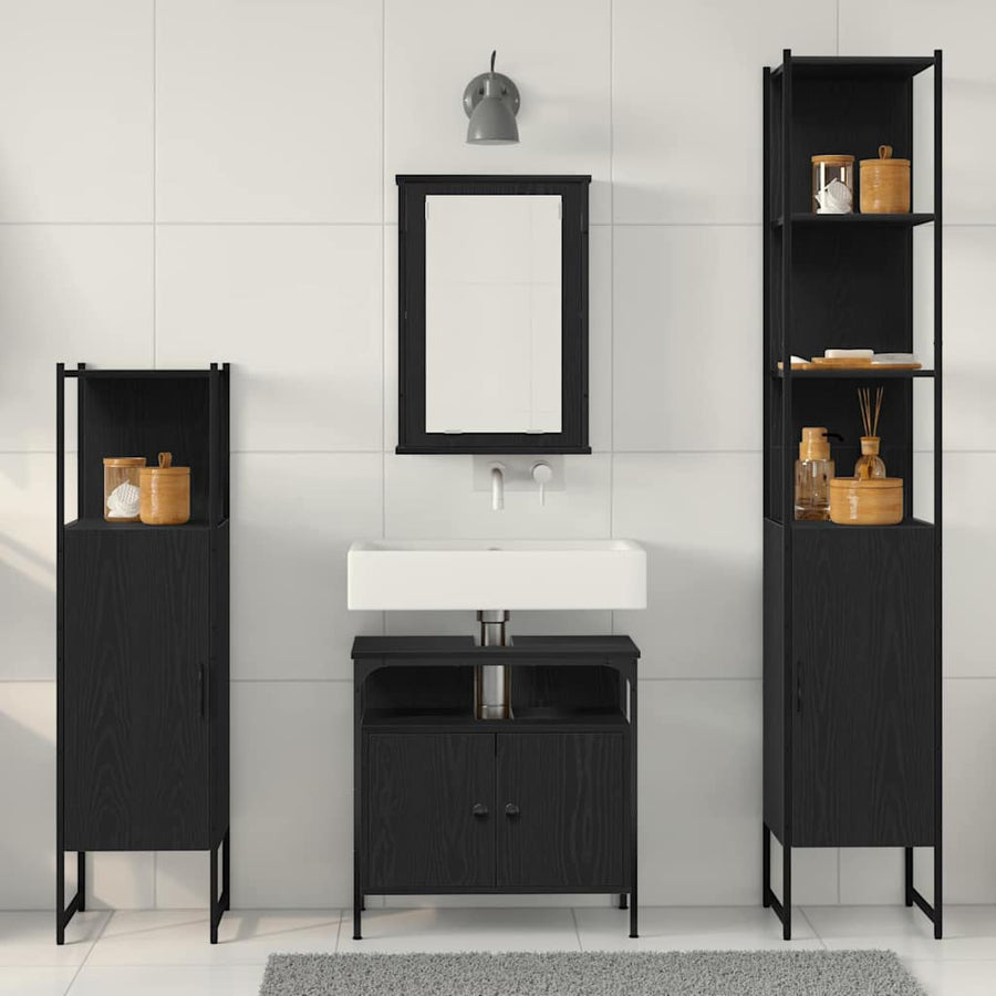 Badkamermeubelset met plank 4 pcs Zwart eiken Bewerkt hout
