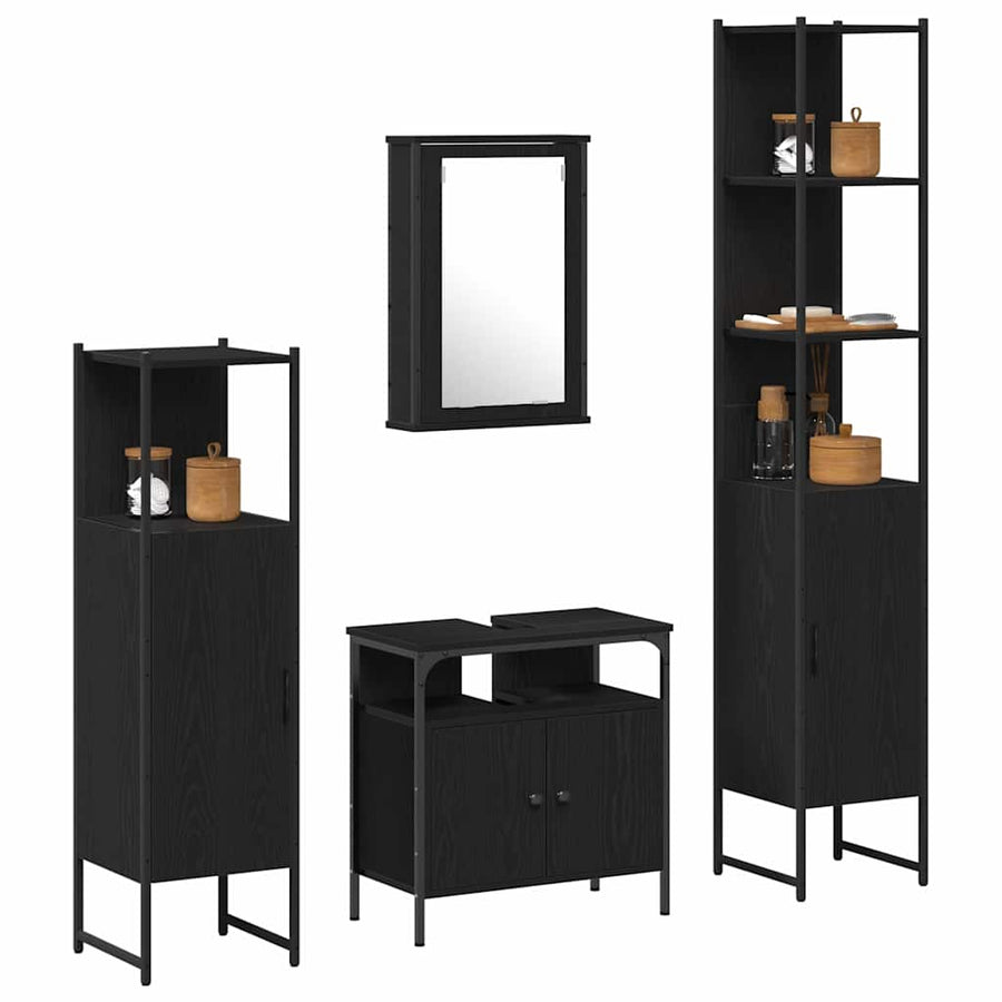 Badkamermeubelset met plank 4 pcs Zwart eiken Bewerkt hout