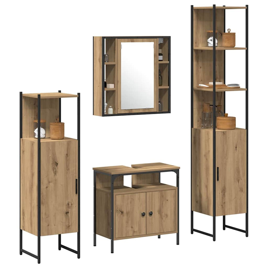Badkamerkast set 4 pcs artisanaal eikenkleurig Bewerkt hout