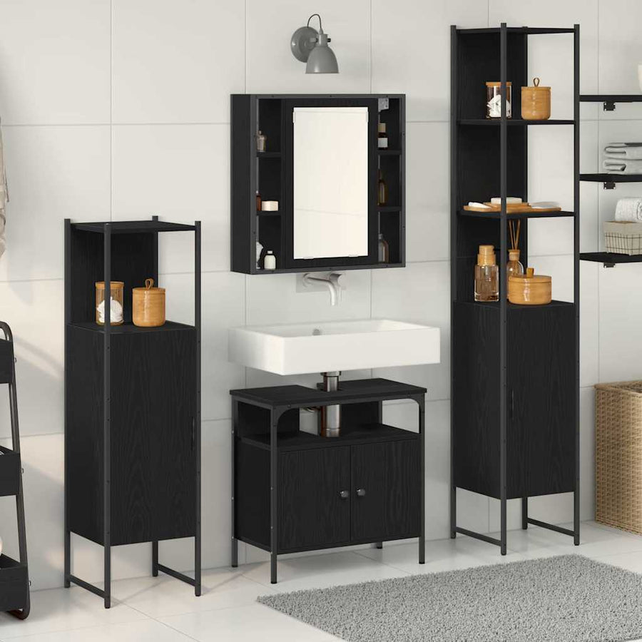Badkamermeubelset met plank 4 pcs Zwart Eiken Bewerkt hout