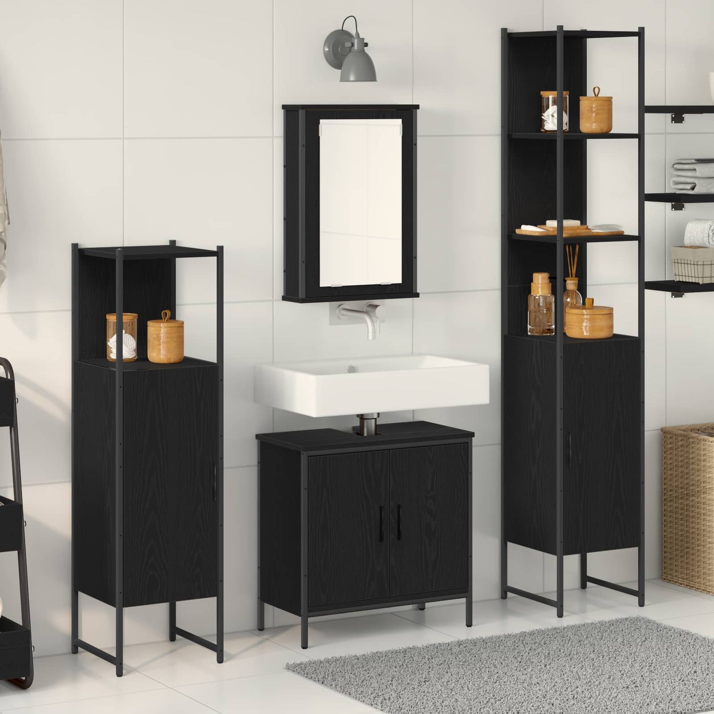 Badkamermeubelset met plank met opslag 4 pcs Zwart Bewerkt hout