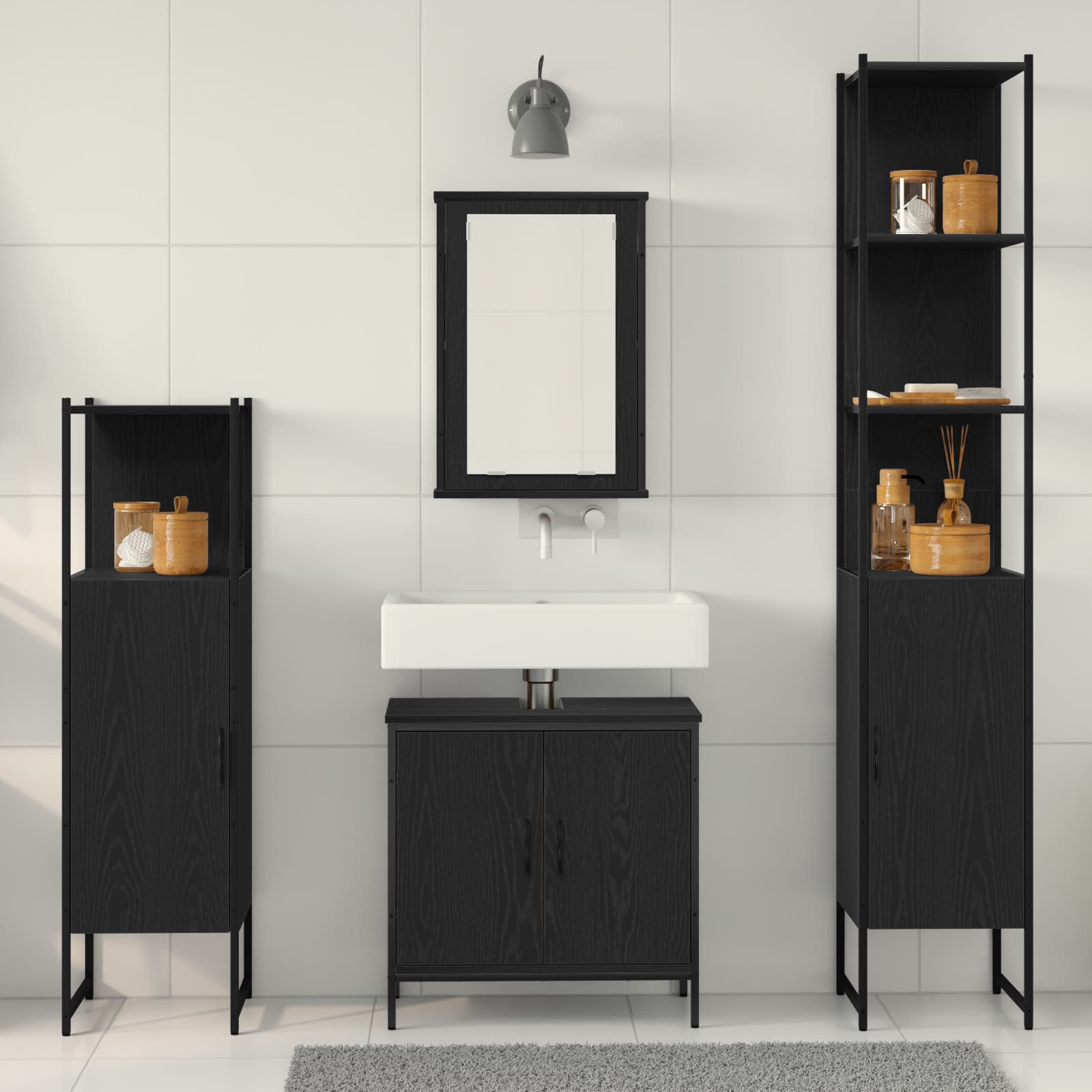 Badkamermeubelset met plank met opslag 4 pcs Zwart Bewerkt hout