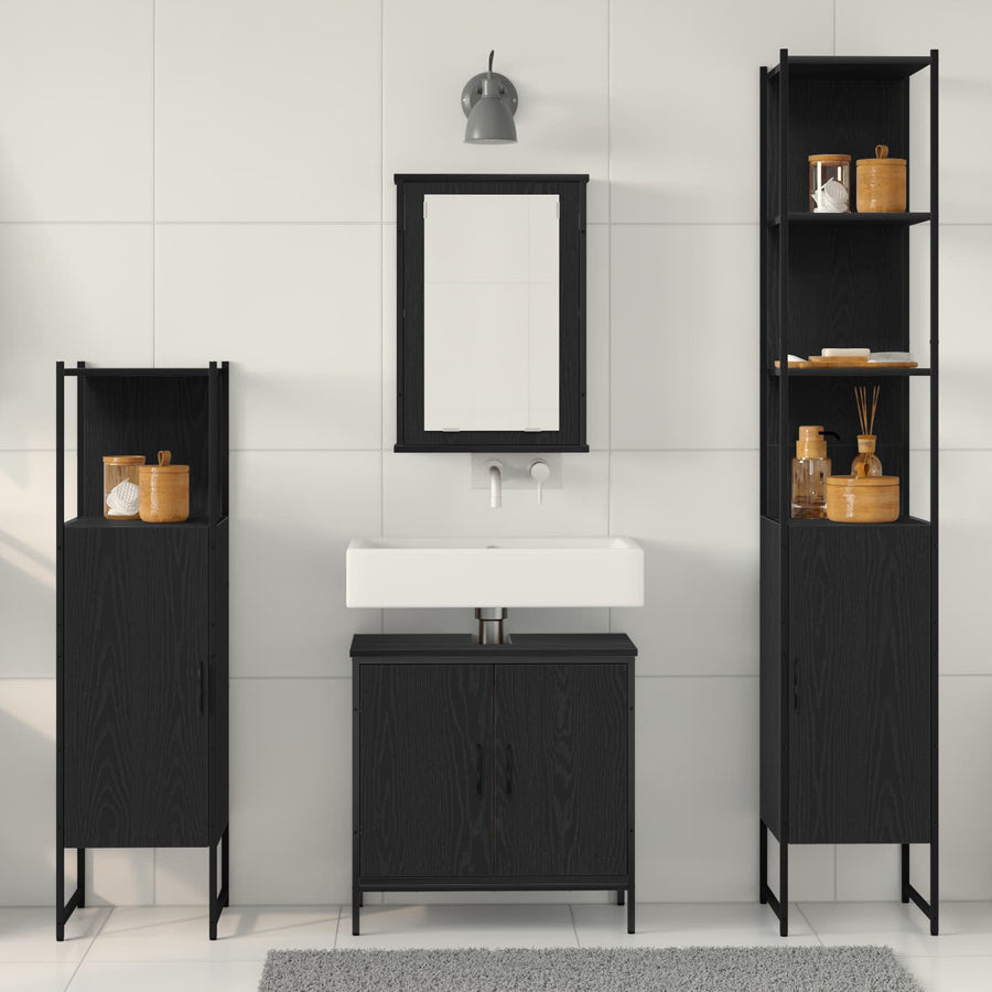 Badkamermeubelset met plank met opslag 4 pcs Zwart Bewerkt hout