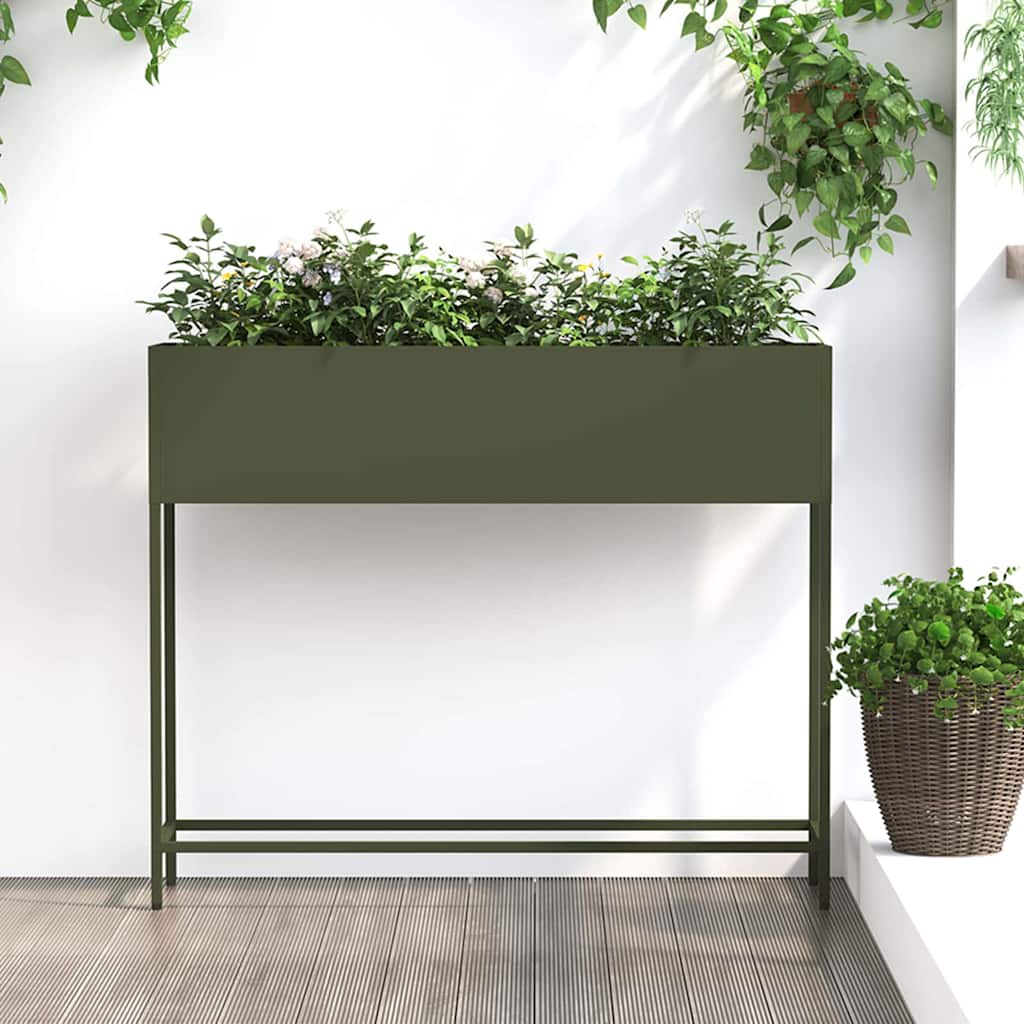 Verhoogde Tuin Plantbak Olijfgroen 100 x 26 x 82 cm Staal