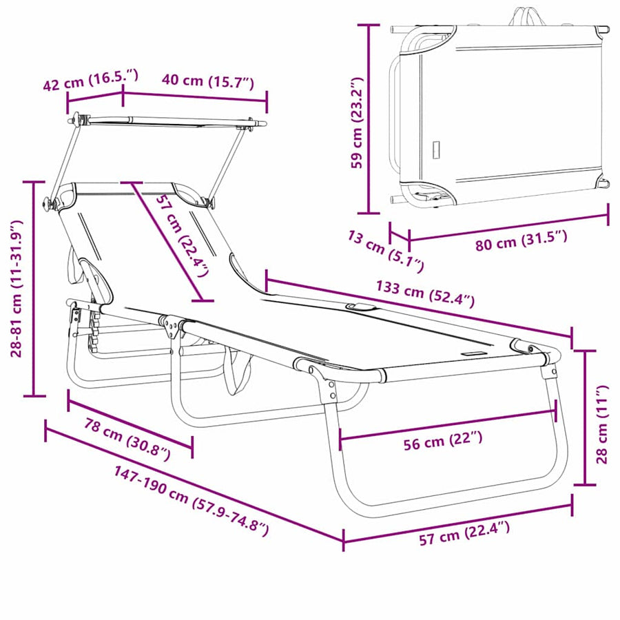 Opvouwbare zonnebed Zwart 190 x 57 x 81 cm oxford