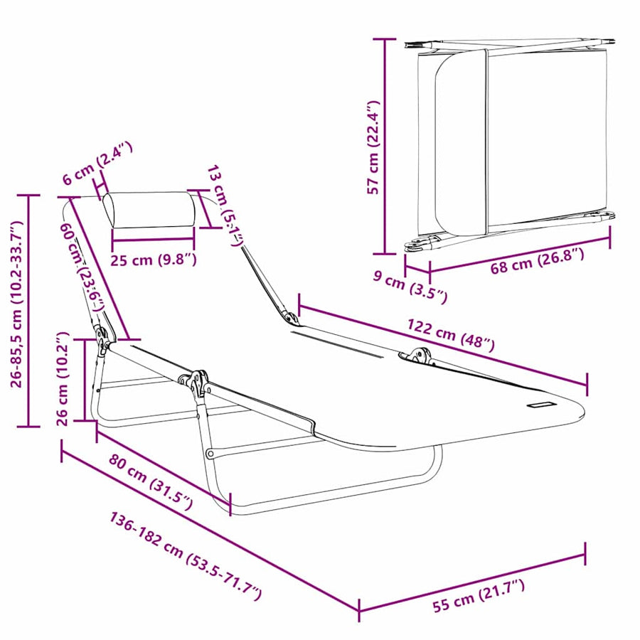 Opvouwbare zonnebed 2 pcs Zwart 182 x 55 x 85,5 cm Textileen
