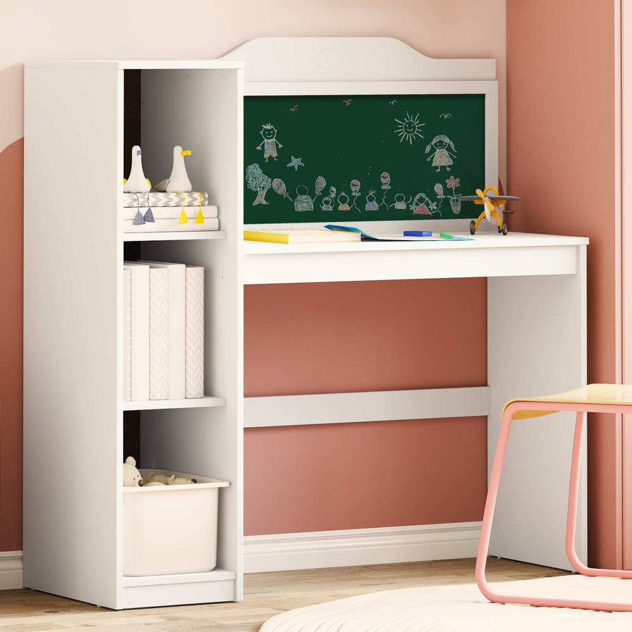 Bureau met open opbergruimte en schoolbord met plank ROROS Wit