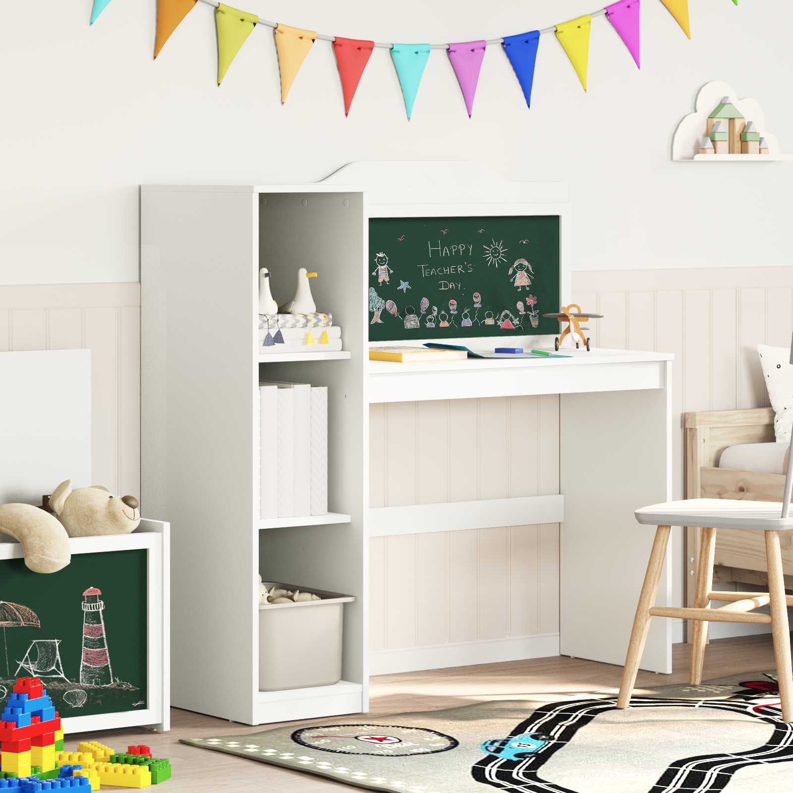 Bureau met open opbergruimte en schoolbord met plank ROROS Wit