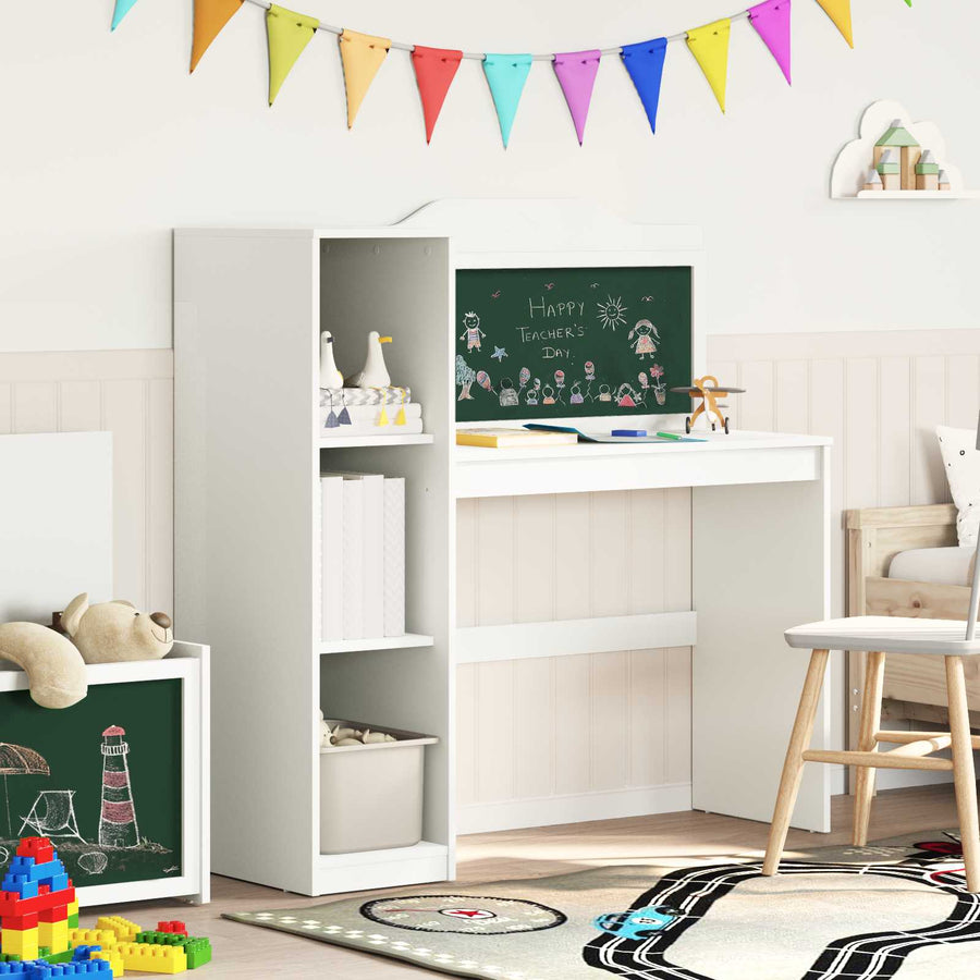 Bureau met open opbergruimte en schoolbord met plank ROROS Wit