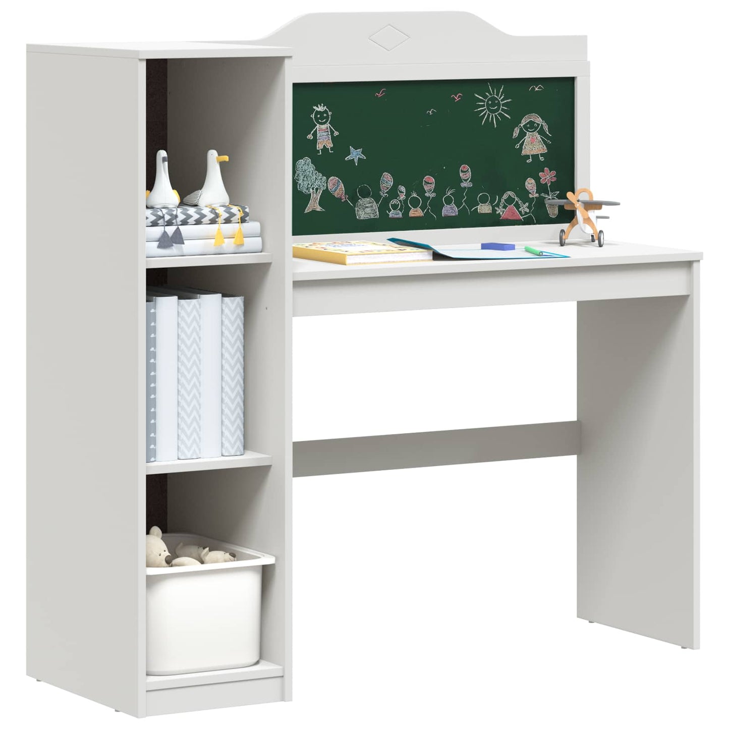 Bureau met open opbergruimte en schoolbord met plank ROROS Wit