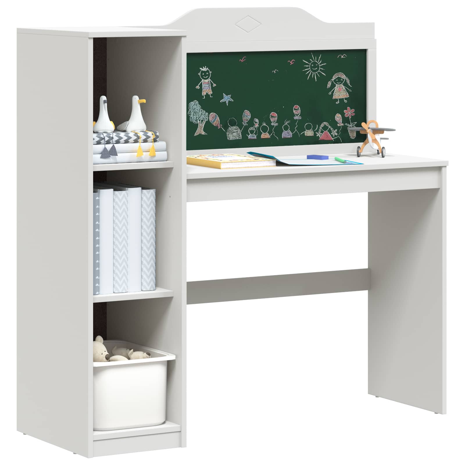 Bureau met open opbergruimte en schoolbord met plank ROROS Wit
