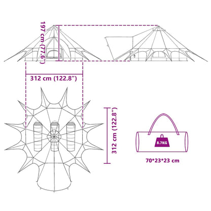 Teepee Tent met dak Groen en Grijs 600 x 600 x 347 cm