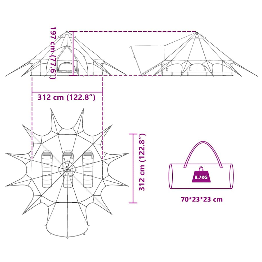 Teepee Tent met dak Groen en Grijs 600 x 600 x 347 cm