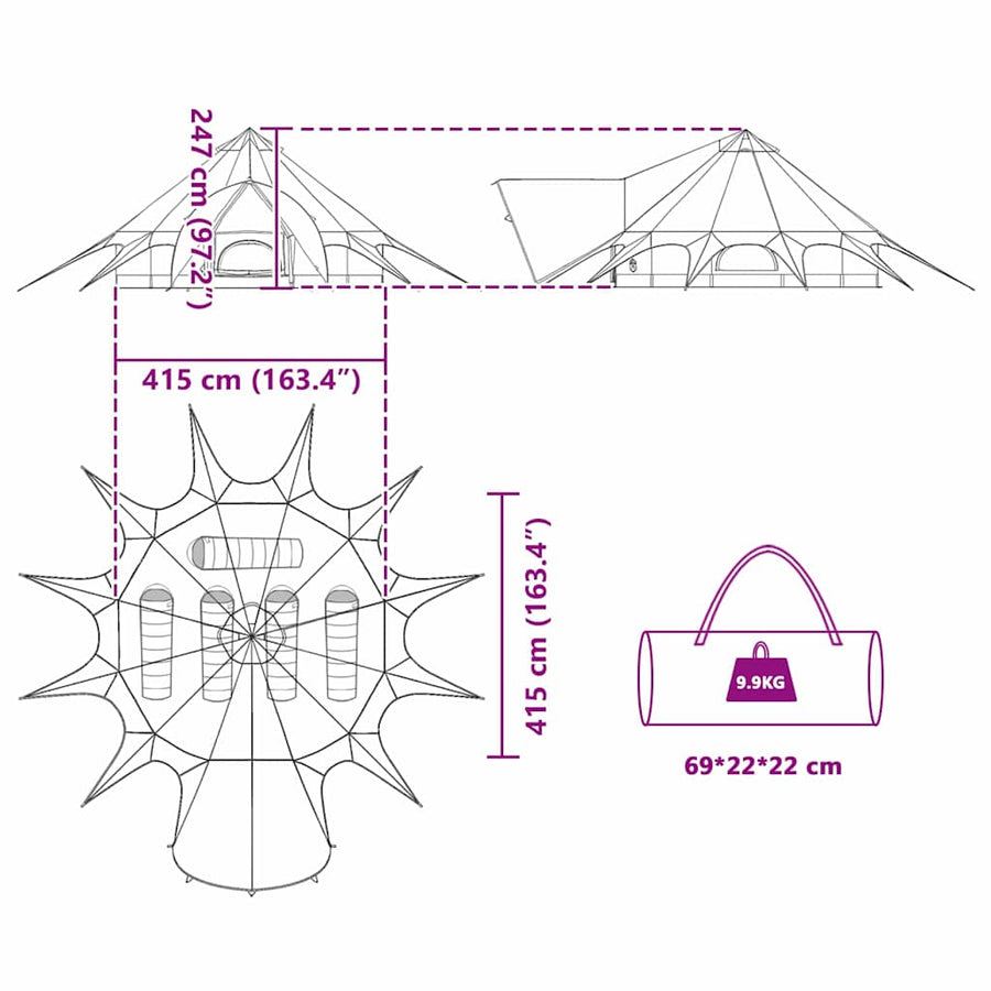 Teepee Tent met dak Grijs en Oranje 600 x 600 x 347 cm