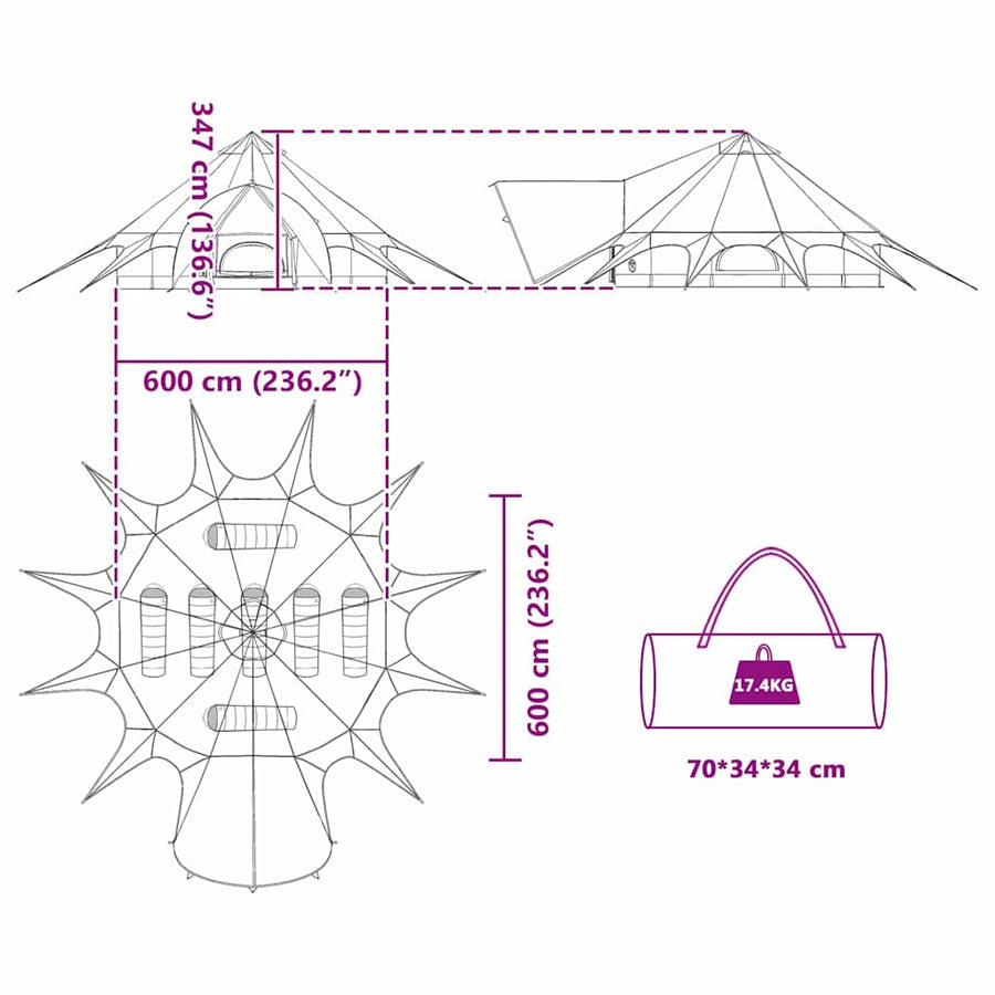 Teepee Tent met dak Grijs en Oranje 600 x 600 x 347 cm
