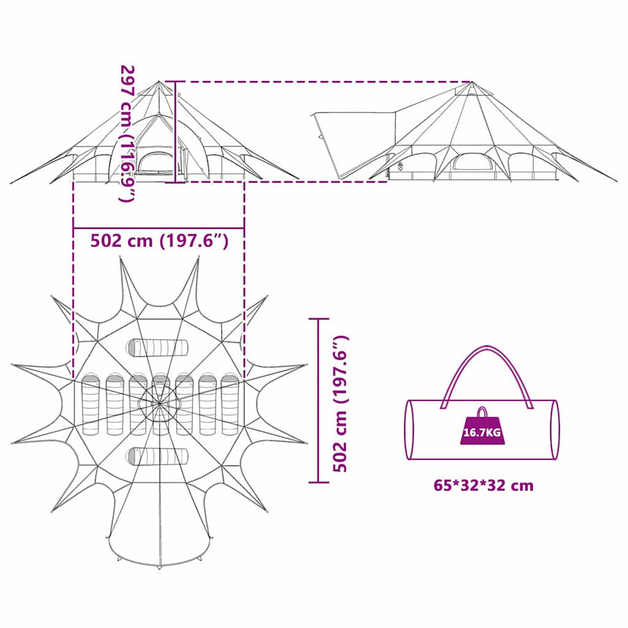 Teepee Tent met dak Groen en Grijs 600 x 600 x 347 cm