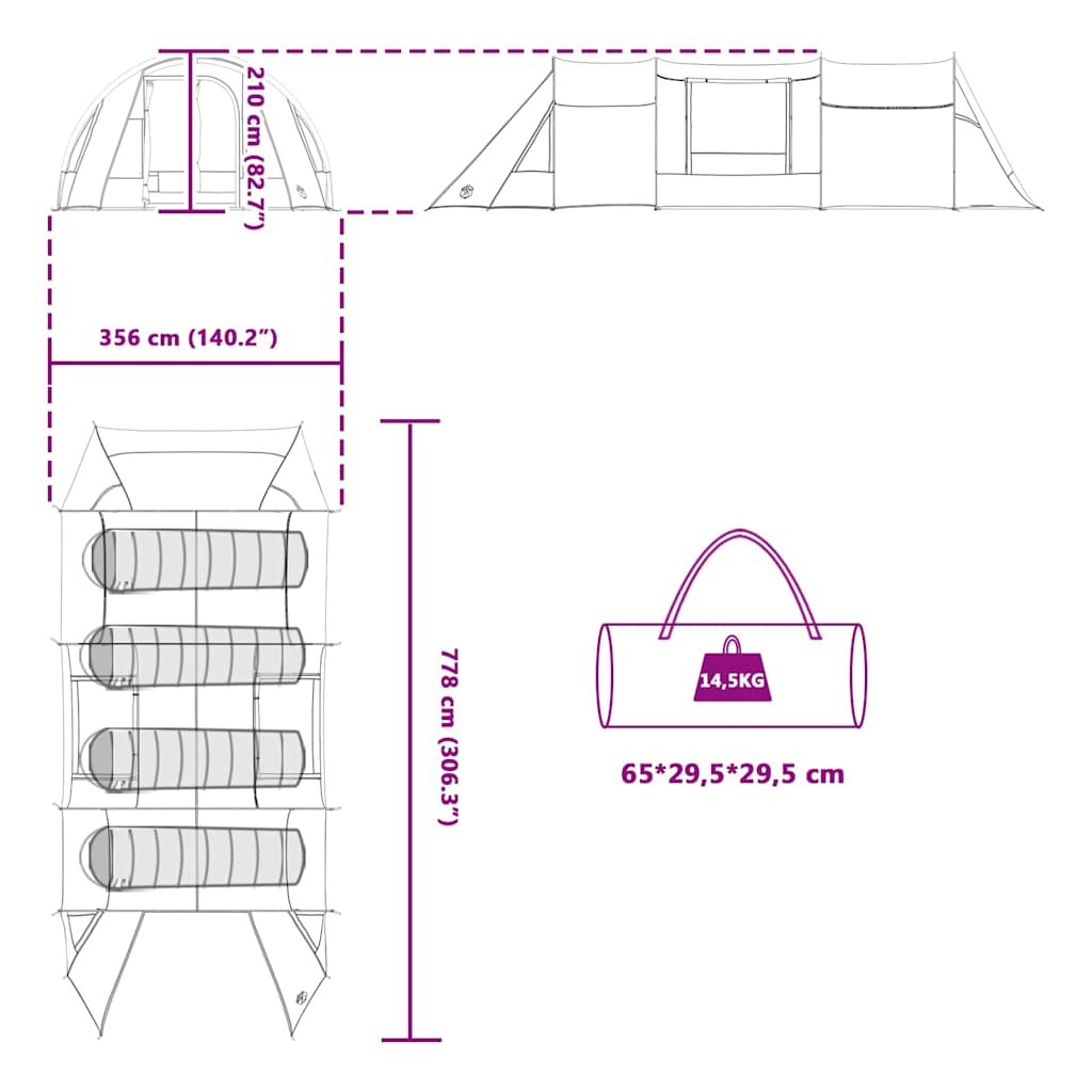 Tunneltent met dak met opslag Groen en Wit 778 x 356 x 210 cm