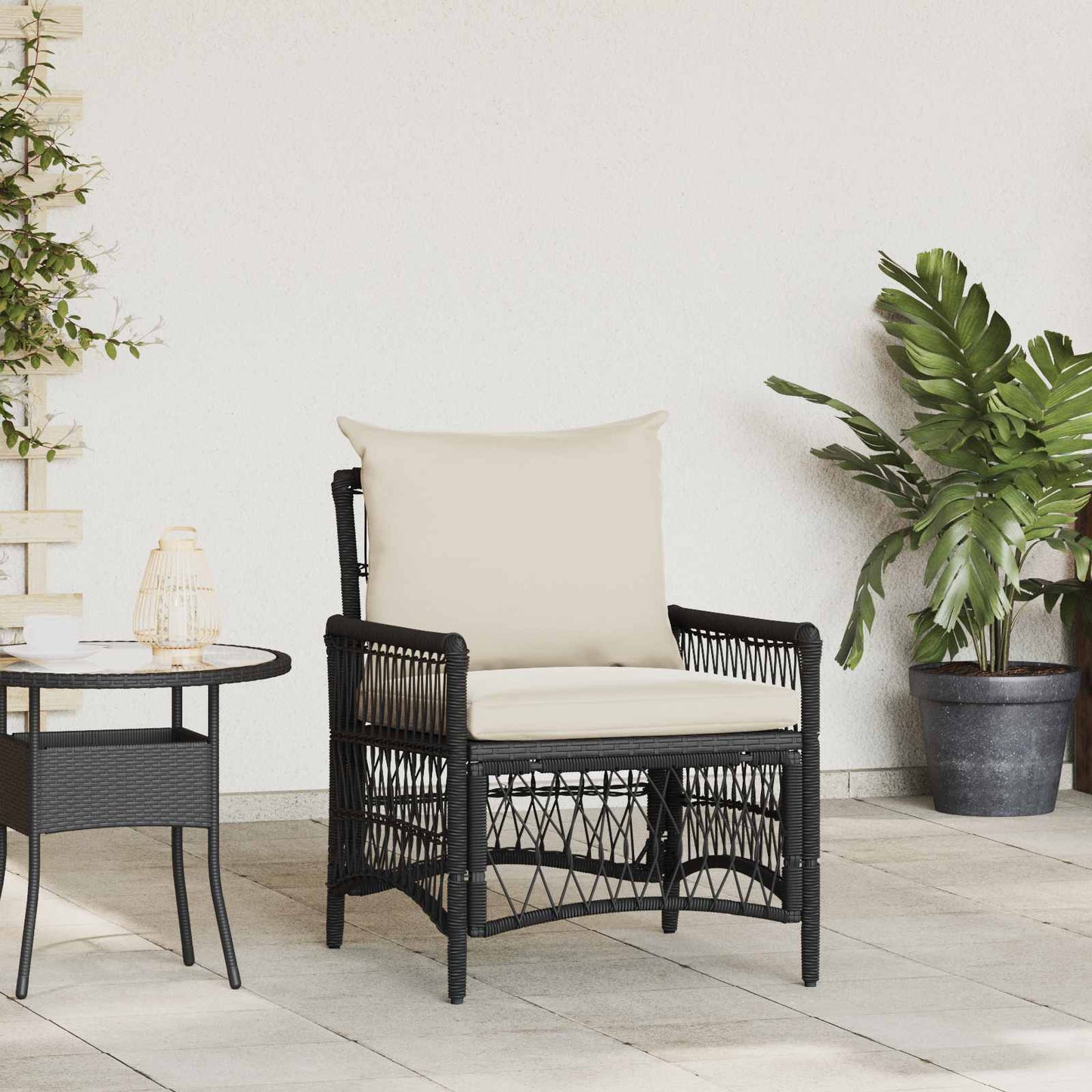 Tuinstoel Met Kussen 73 X 61 X 77 Cm Poly Rattan Zwart en crèmewit