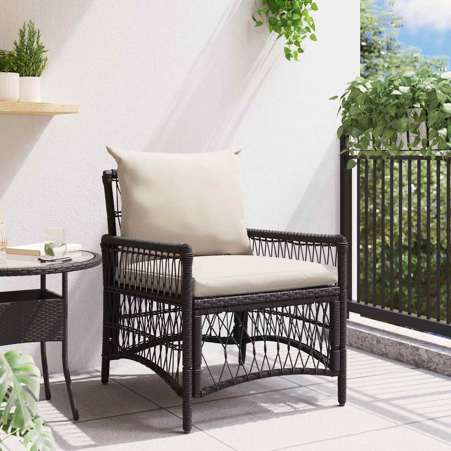 Tuinstoel Met Kussen 73 X 61 X 77 Cm Poly Rattan Zwart en crèmewit