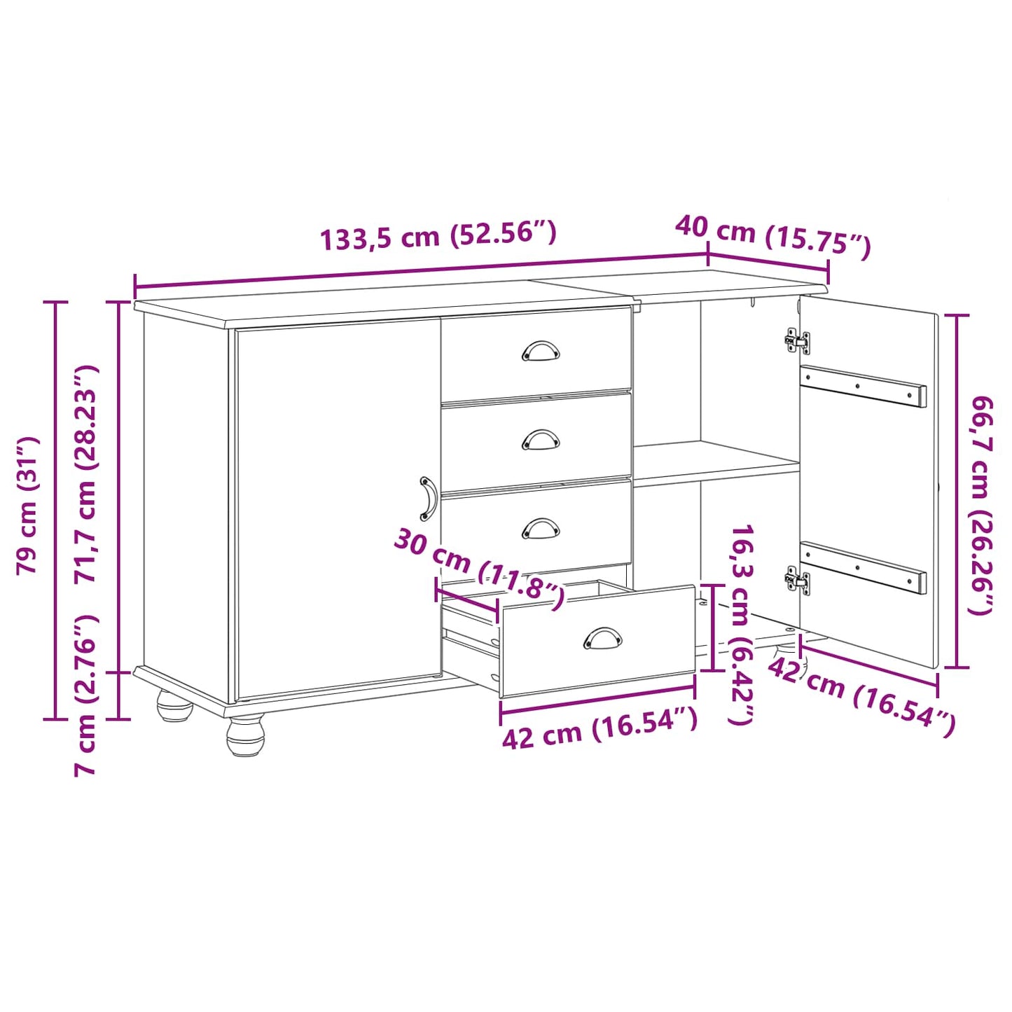Dressoir met lade ASKIM 133,5 x 40 x 79 cm Massief grenenhout