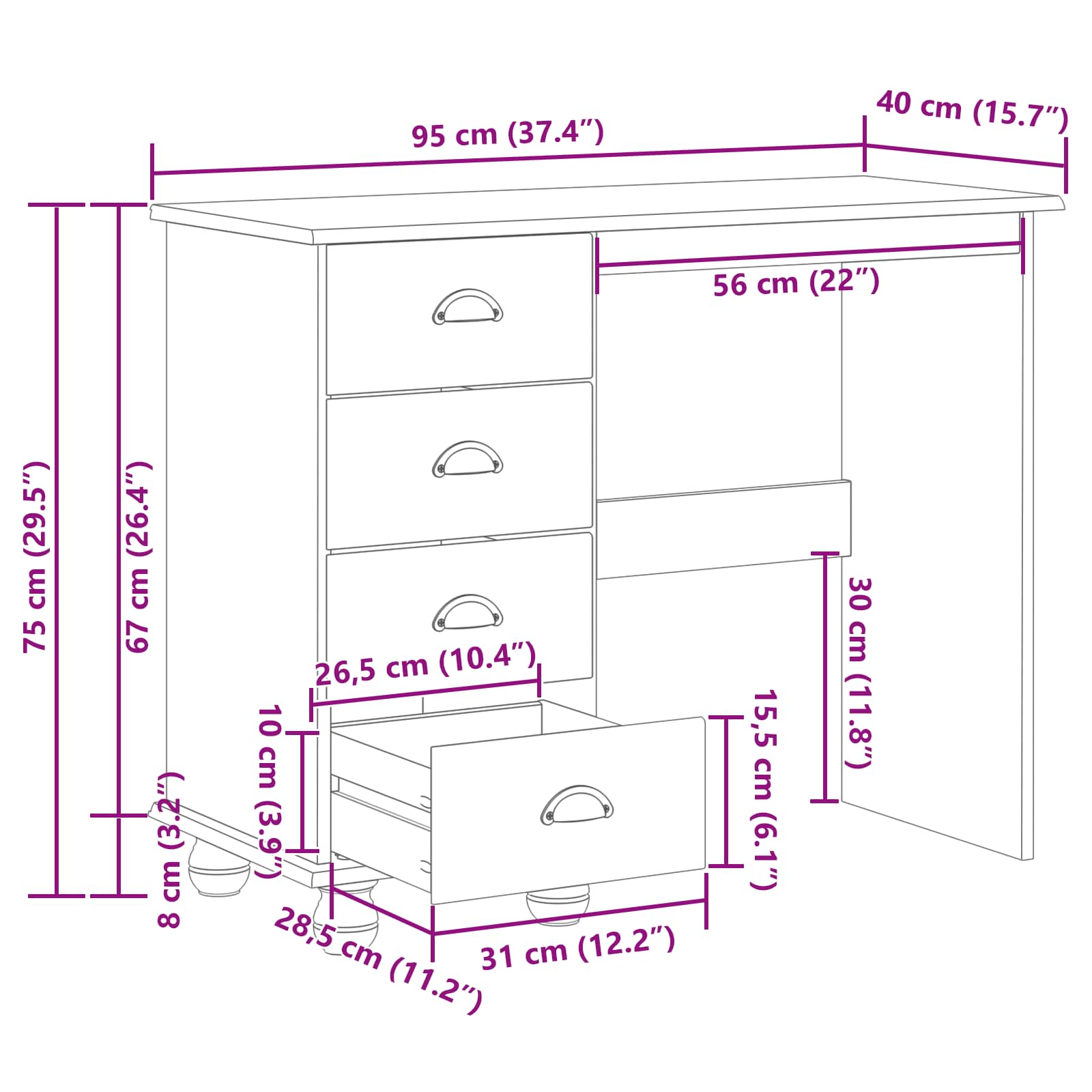 Schrijfbureau ASKIM Wit 95 x 40 x 75 cm Massief grenenhout