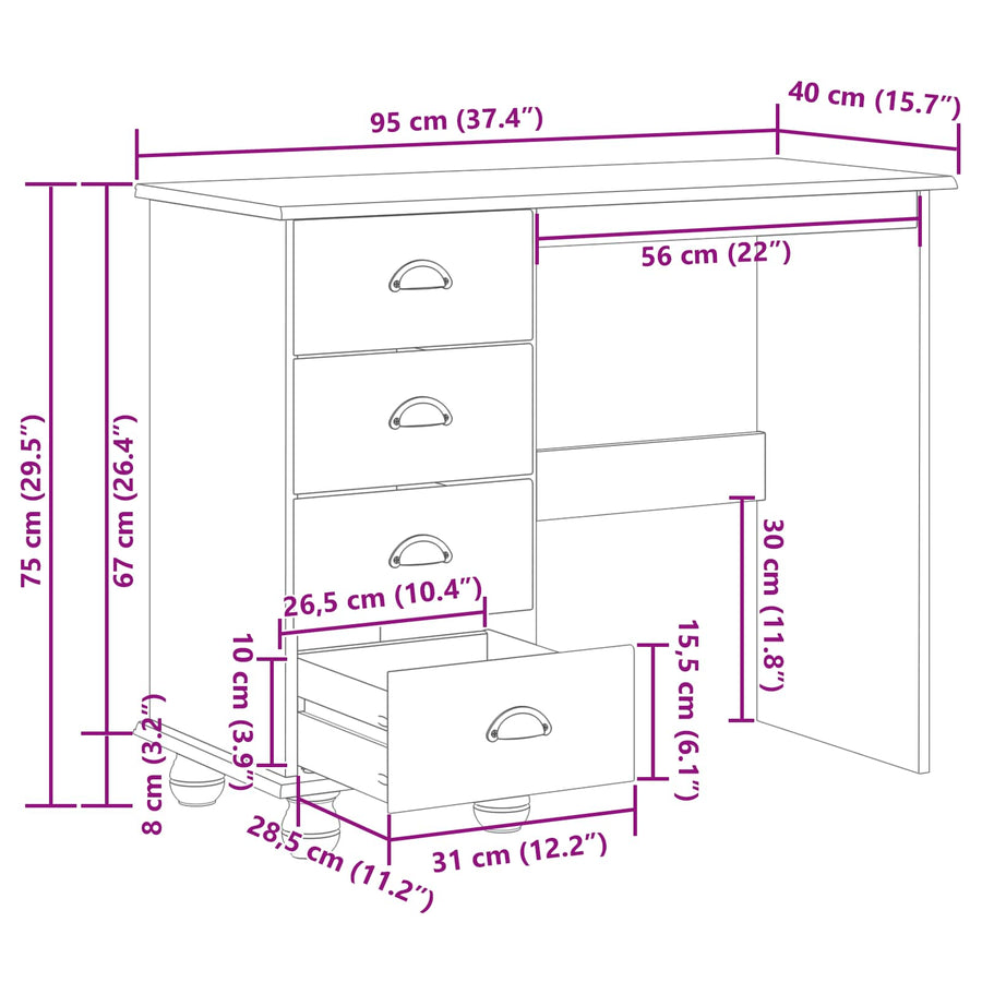 Schrijfbureau ASKIM Wit 95 x 40 x 75 cm Massief grenenhout