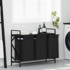Laundry basket with 3 compartments and shelf, black oak-coloured