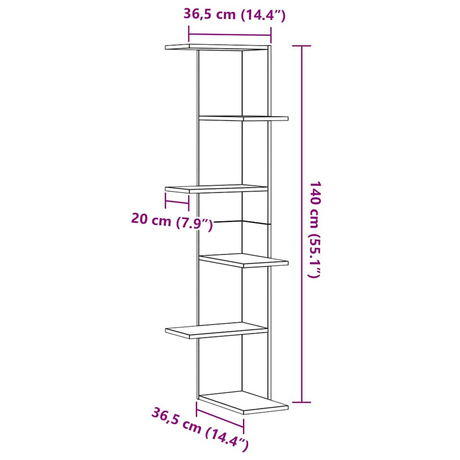 Wandhoekplank met plank Zwart Eiken 36.5 x 36.5 x 140 cm