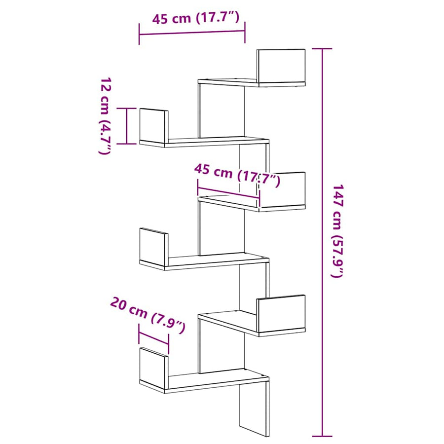 Wandhoekplank met plank met opslag Zwart Eiken 45 x 45 x 147 cm