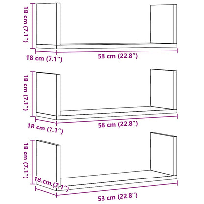 Wandplanken 3 stuks Zwarte Eiken 58x18x18 cm Bewerkt Hout