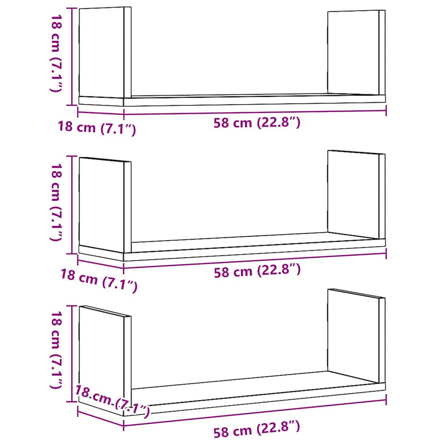 Wandplanken 3 stuks Zwarte Eiken 58x18x18 cm Bewerkt Hout