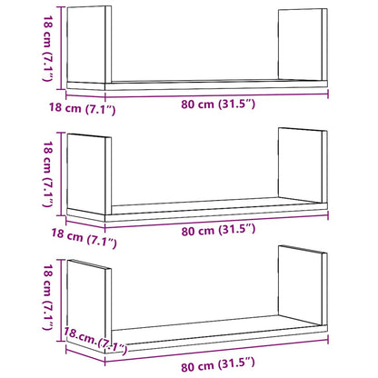 Wandplanken 3 stuks Zwart Eiken 80x18x18 cm Bewerkt Hout