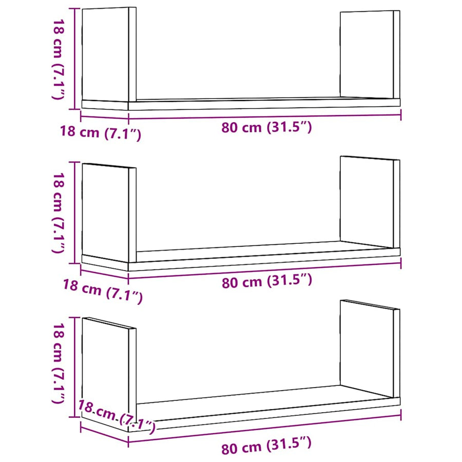Wandplanken 3 stuks Zwart Eiken 80x18x18 cm Bewerkt Hout