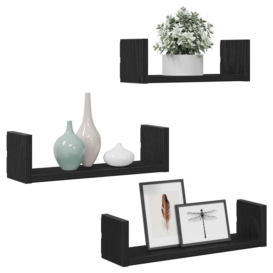 Wandplanken 3 stuks Zwart Eikenhout