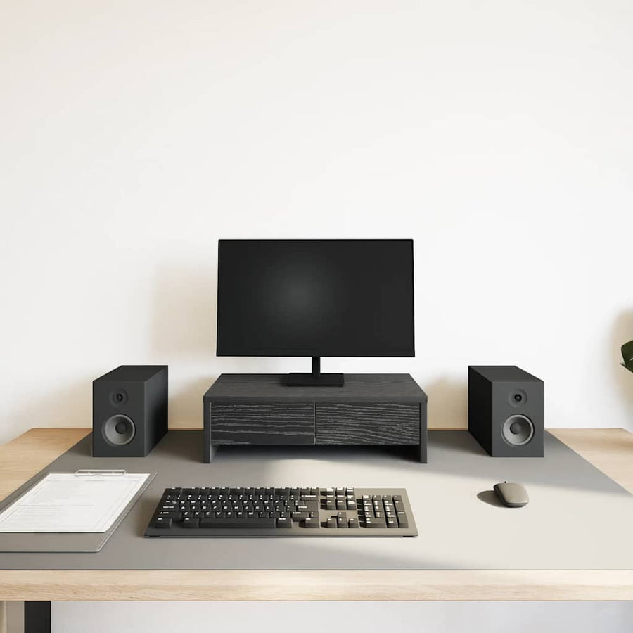 Monitorstandaard met lades, zwart eiken, 50x27x15 cm, bewerkt hout