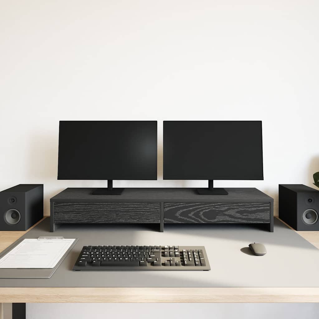 Monitorstandaard met lades, zwart eiken, 100 x 27 x 15 cm, bewerkt hout