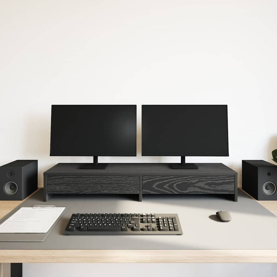 Monitorstandaard met lades, zwart eiken, 100 x 27 x 15 cm, bewerkt hout
