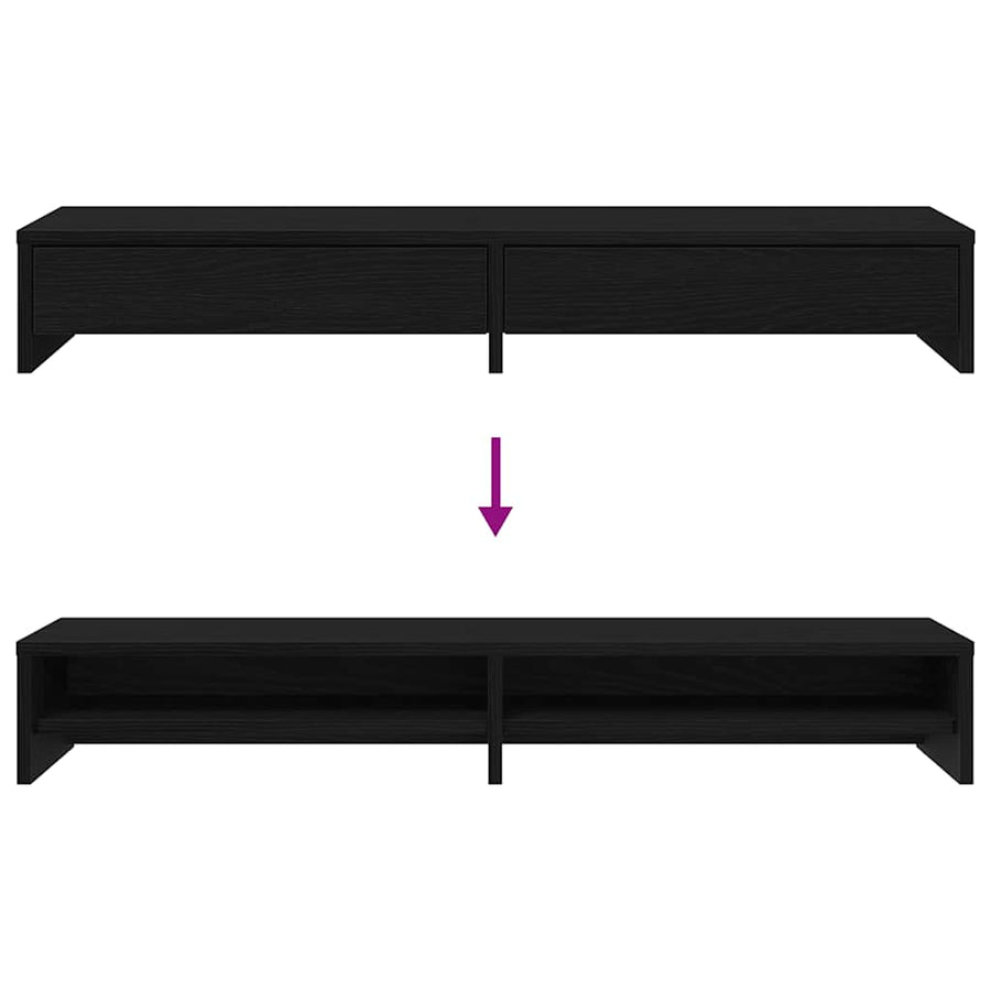 Monitorstandaard met lades, zwart eiken, 100 x 27 x 15 cm, bewerkt hout