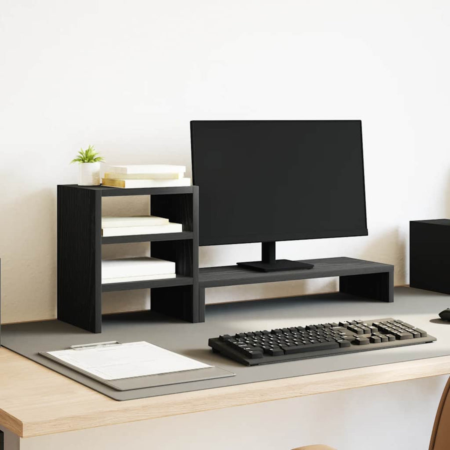 Monitorstandaard met bureau-organizer, zwart eikenhout