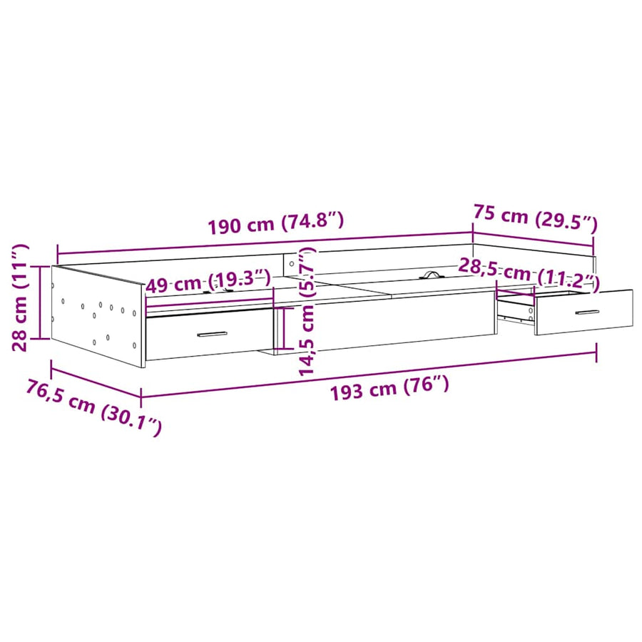 Opbergbedframe met hoofdeinde Grijs Sonoma 75 x 190 cm Bewerkt hout