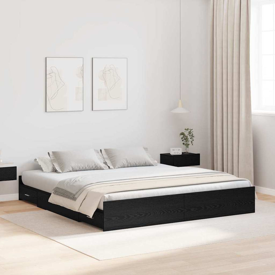Opbergbedframe met lade met hoofdeinde met opslag Zwart eiken 200 x 200 cm