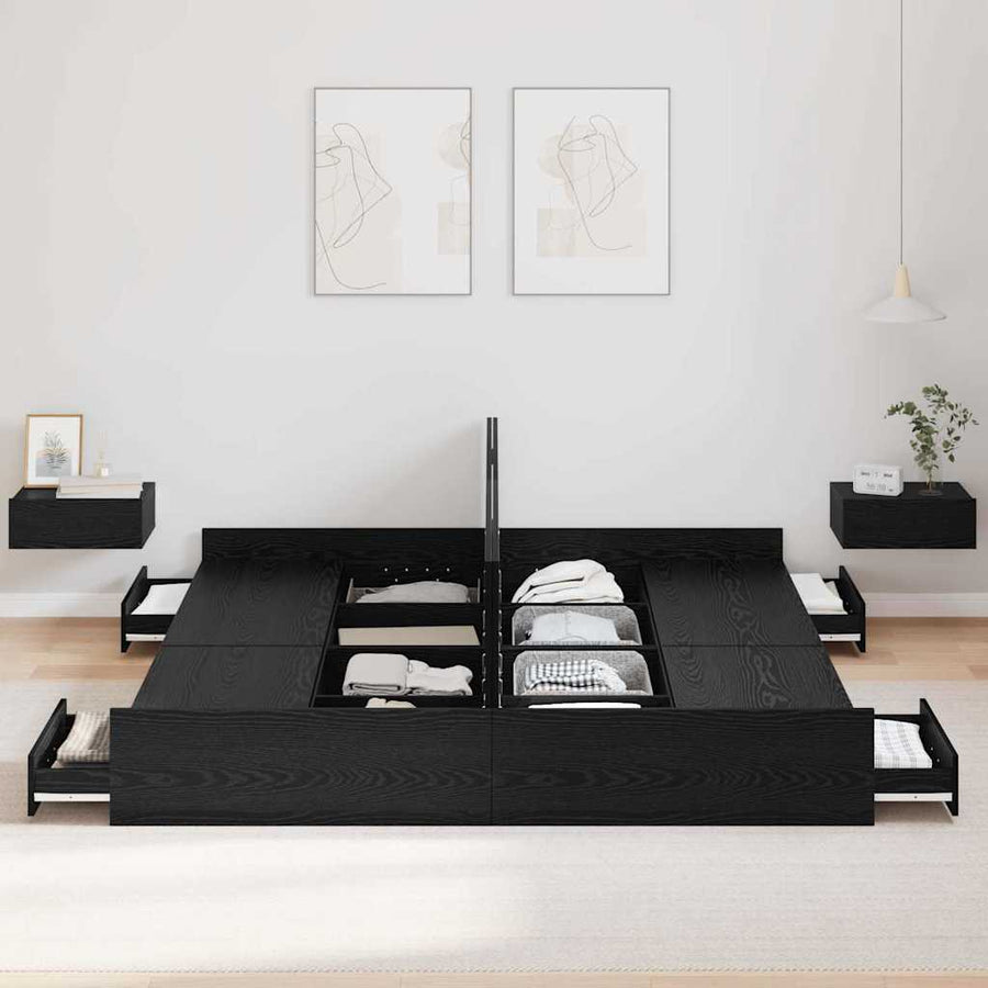 Opbergbedframe met lade met hoofdeinde met opslag Zwart eiken 200 x 200 cm