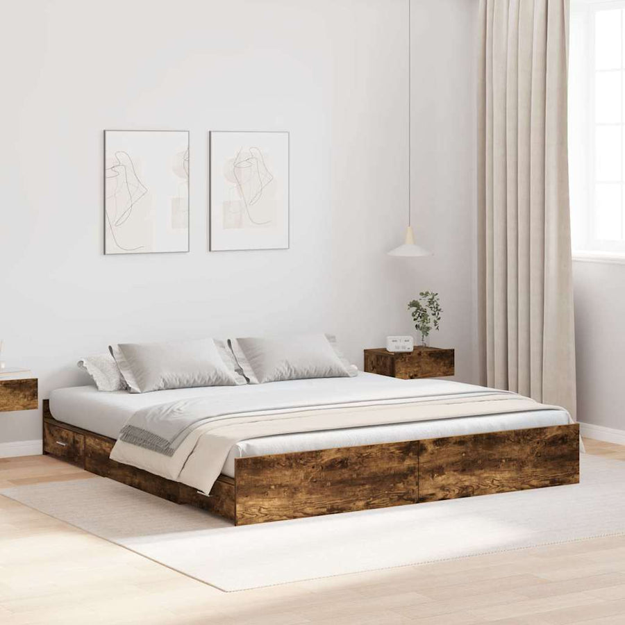 Opbergbedframe met lade met hoofdeinde met opslag Gerookt eiken 200 x 200 cm