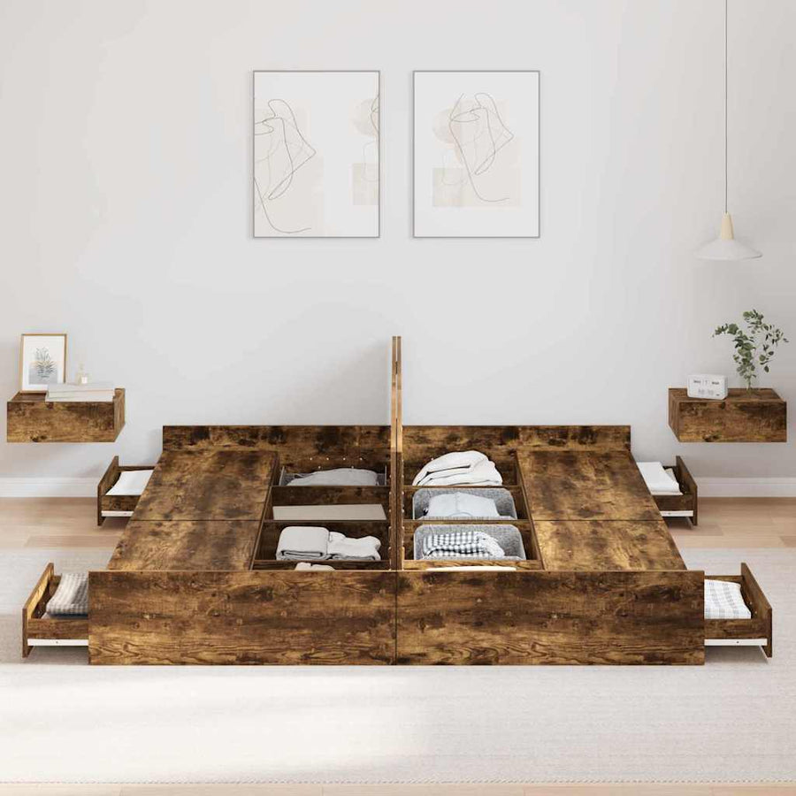 Opbergbedframe met lade met hoofdeinde met opslag Gerookt eiken 200 x 200 cm