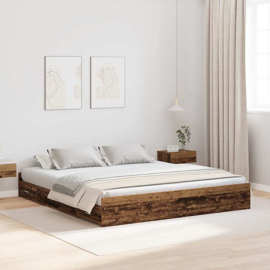Opbergbedframe met lade met hoofdeinde met opslag Oud hout 200 x 200 cm