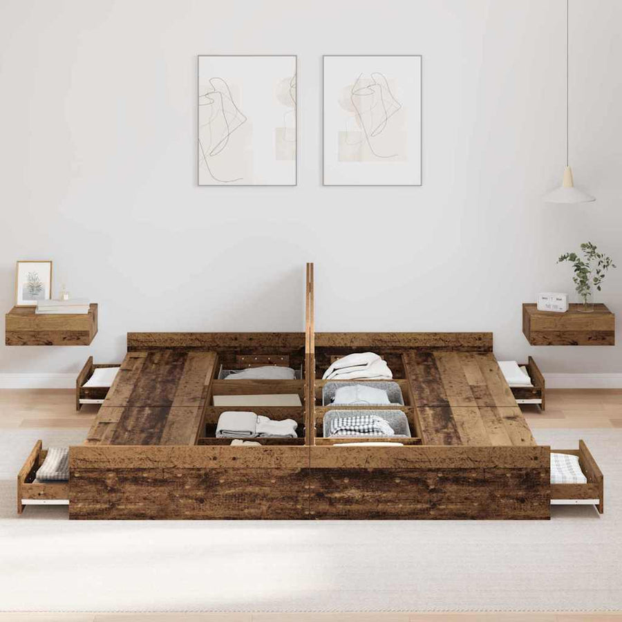 Opbergbedframe met lade met hoofdeinde met opslag Oud hout 200 x 200 cm