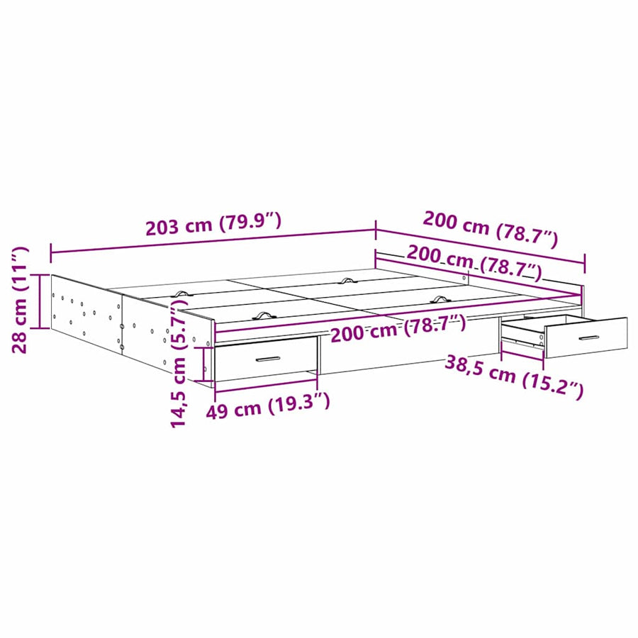 Opbergbedframe met lade artisanaal eikenkleurig 200 x 200 cm