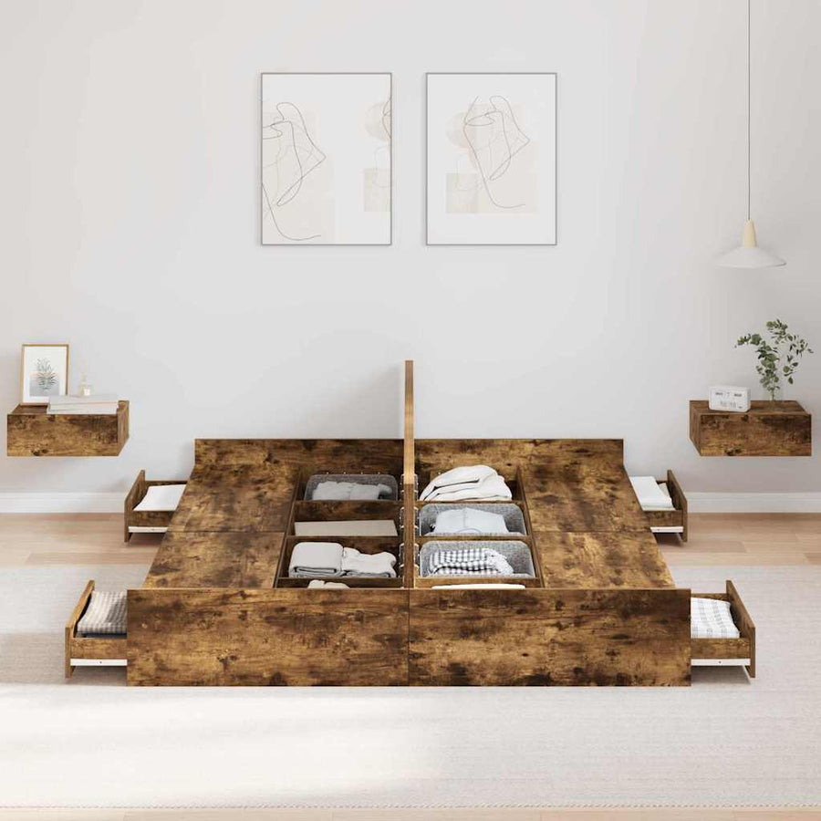 Opbergbedframe met lade met hoofdeinde met opslag Gerookt eiken 160 x 200 cm